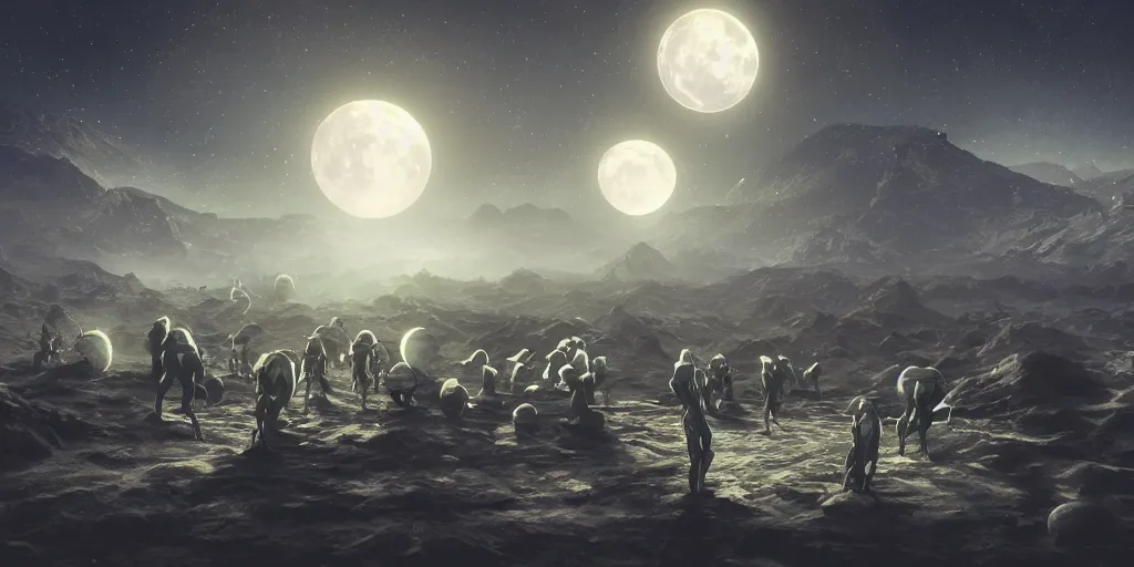 Image similar to digital art, trending on artstation, race of technobiological aliens in a meeting at their base in the galaxy, night time, beautiful moon light
