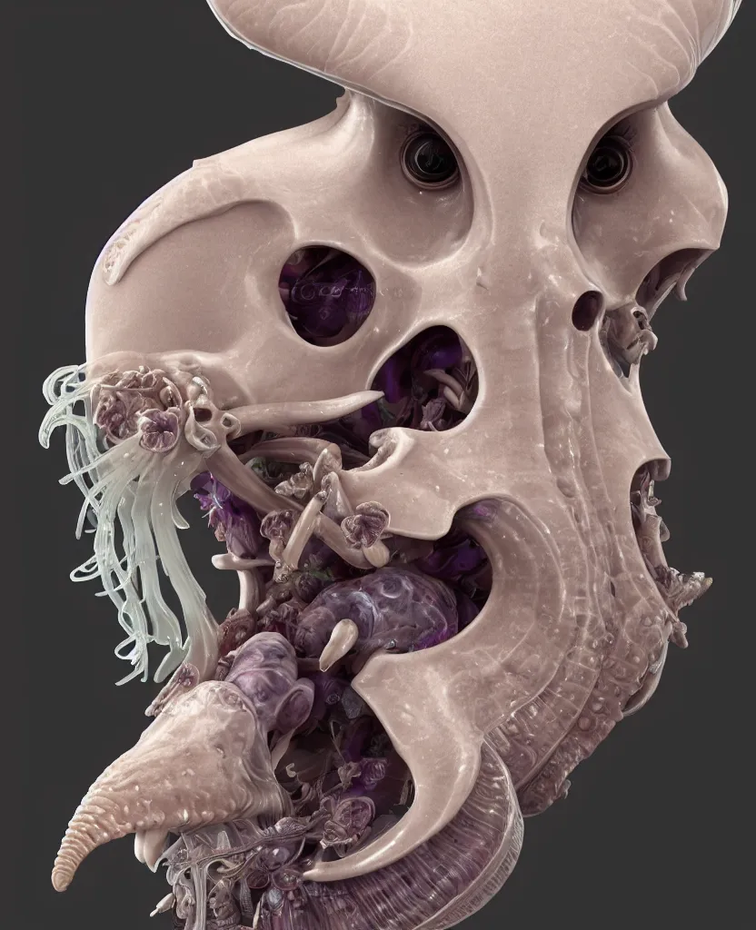 Image similar to goddess princess face close-up portrait ram skull. hard surface modelling zbrush. jellyfish phoenix head, nautilus, orchid, skull, betta fish, bioluminiscent creatures, intricate artwork by Tooth Wu and wlop and beeple. octane render, trending on artstation, greg rutkowski very coherent symmetrical artwork. cinematic, hyper realism, high detail, octane render, 8k