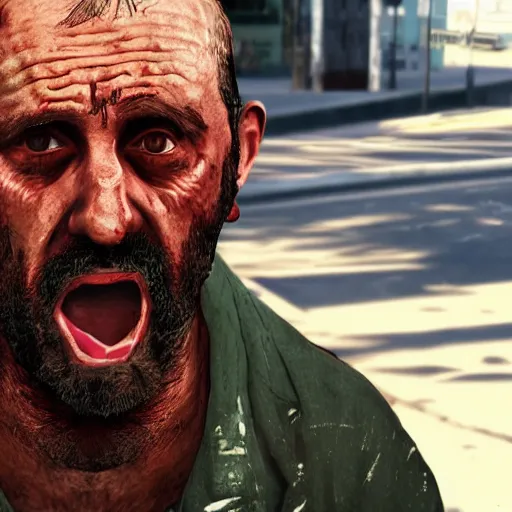 Image similar to upset very angry crazy delusional homeless person in the style of a GTA V poster, detailed, closeup