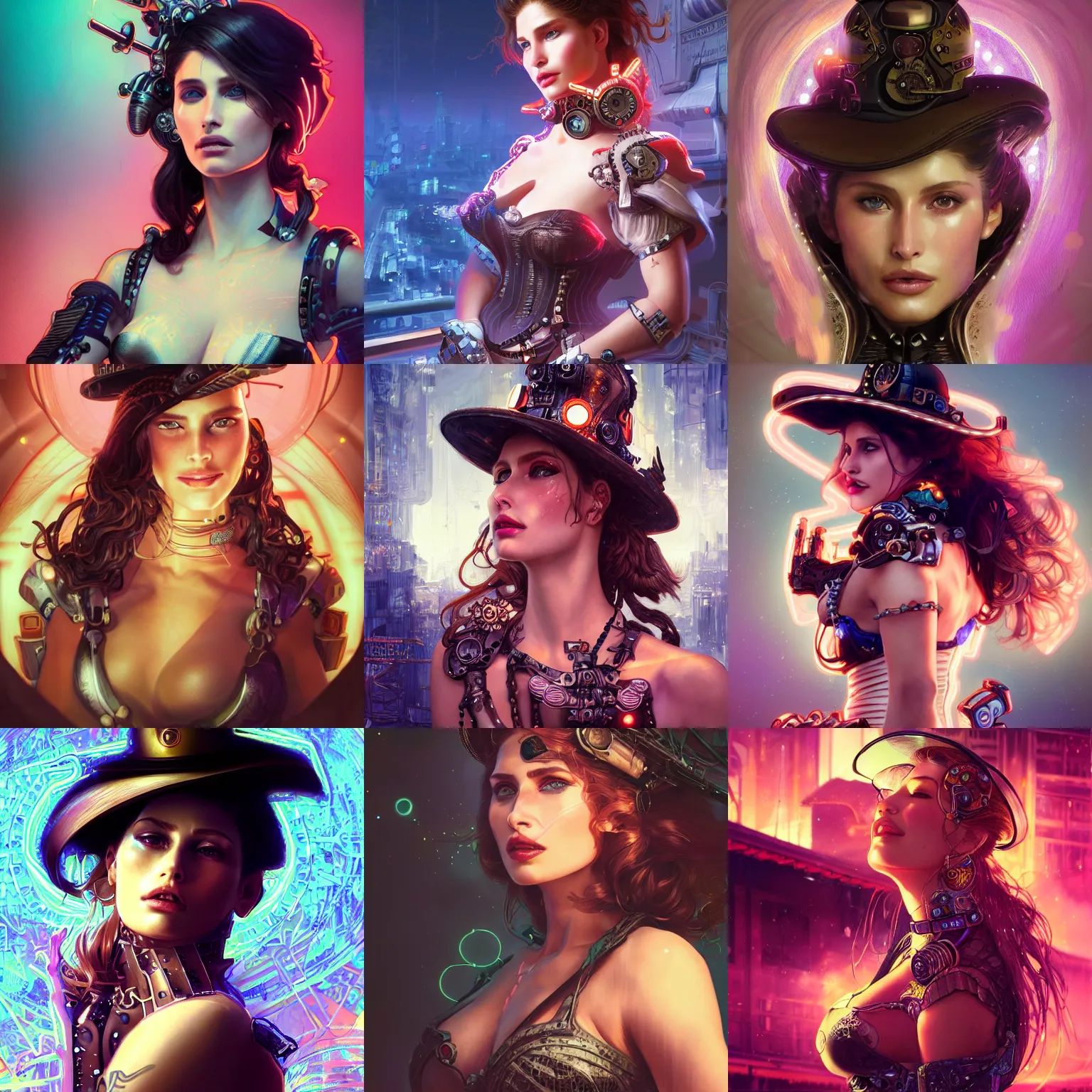 Prompt: portrait futuristic laetitia casta steampunk half - cyborg cowgirl, neon light rooftop, fantasy, intricate and very very beautiful and elegant, highly detailed, digital painting, artstation, concept art, smooth and sharp focus, illustration, art by tan zi and ayanamikodon and alphonse mucha and wlop