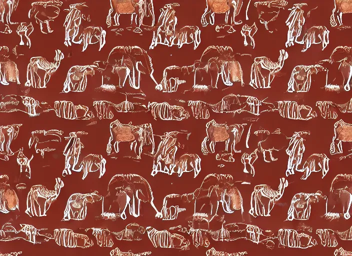 Image similar to painted pattern which figures of ancient hunters mammoths and ancient buses, rock cave painting, red ocher, finger painting