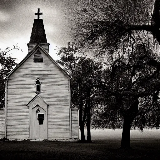 Image similar to picture of an old wooden white church, 1 9 th century southern gothic scene, made by chris friel