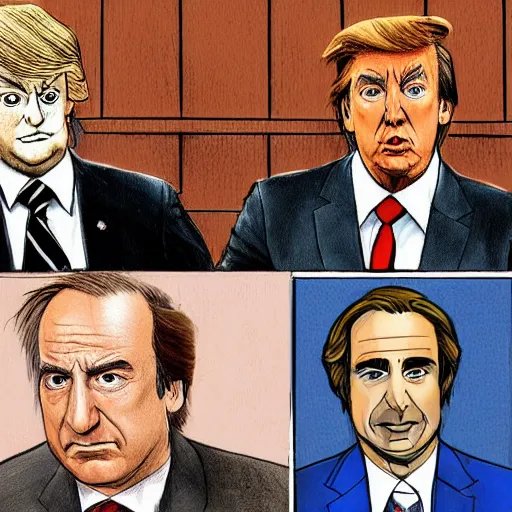 Image similar to saul goodman defending former president donald trump in court to a jury of mario party characters, courtroom drawing, sketch