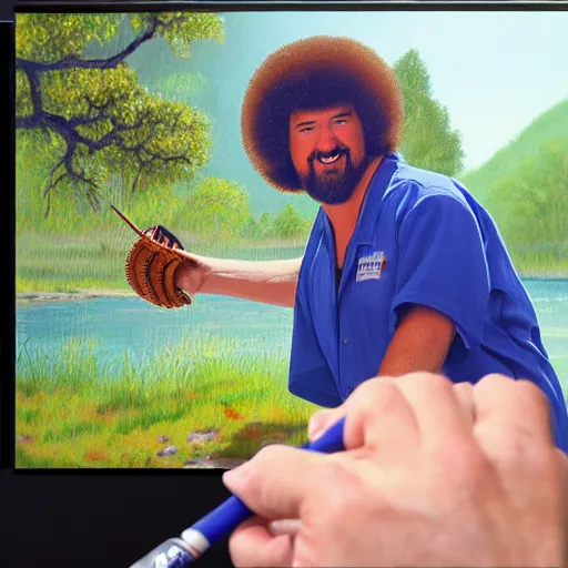 Image similar to a closeup photorealistic photograph of bob ross working on an image of kenny powers autographing a baseball, painting on a canvas. mountains and trees. film still. brightly lit scene. this 4 k hd image is trending on artstation, featured on behance, well - rendered, extra crisp, features intricate detail, epic composition and the style of unreal engine.