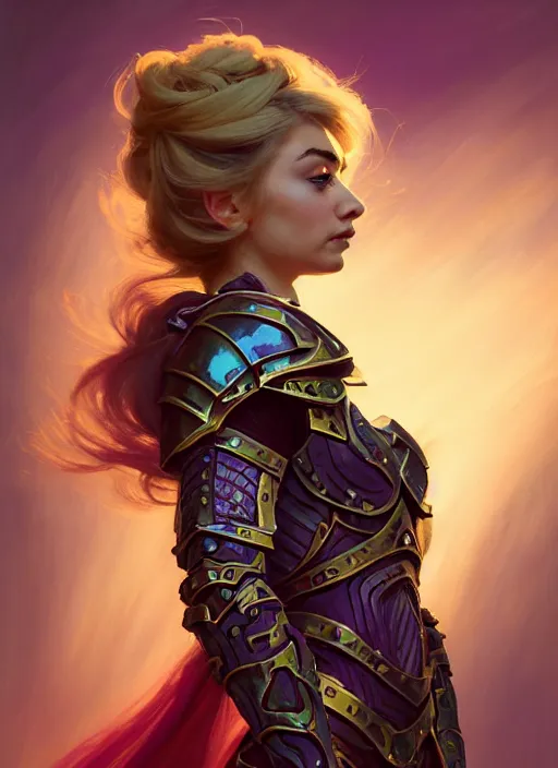 Image similar to side portrait, imogen poots, paladin, fantasy armor, gloomhaven, soft, smooth, luminescent, colorful swirly ripples, gaudy colors, by greg manchess, huang guangjian, gil elvgren, sachin teng, greg rutkowski, jesper ejsing, rhads, ilya kuvshinov, cushart krenz