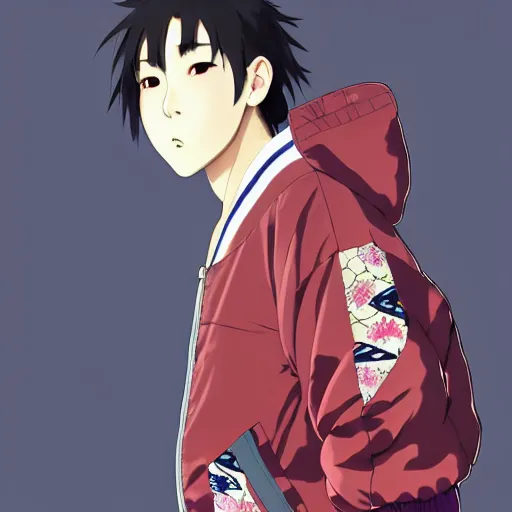 Image similar to a beautiful japanese male! gravure model, wearing oversized native designer bomber jacket and leotard with overalls, bulky poofy bomber jacket with mesoamerican patterns, mesoamerican native street fashion, gapmoe yandere grimdark, trending on pixiv fanbox, painted by greg rutkowski makoto shinkai takashi takeuchi studio ghibli, akihiko yoshida