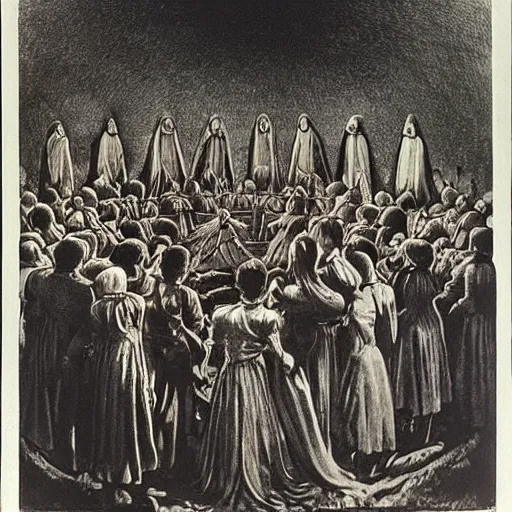 Image similar to ritual spellcasting scene from an avant-garde niche European film, people standing in a circle holding hands and chanting, sabbath of the witches, a clear reference to Goya and Remedios Varo, high-quality, twisted aesthetic