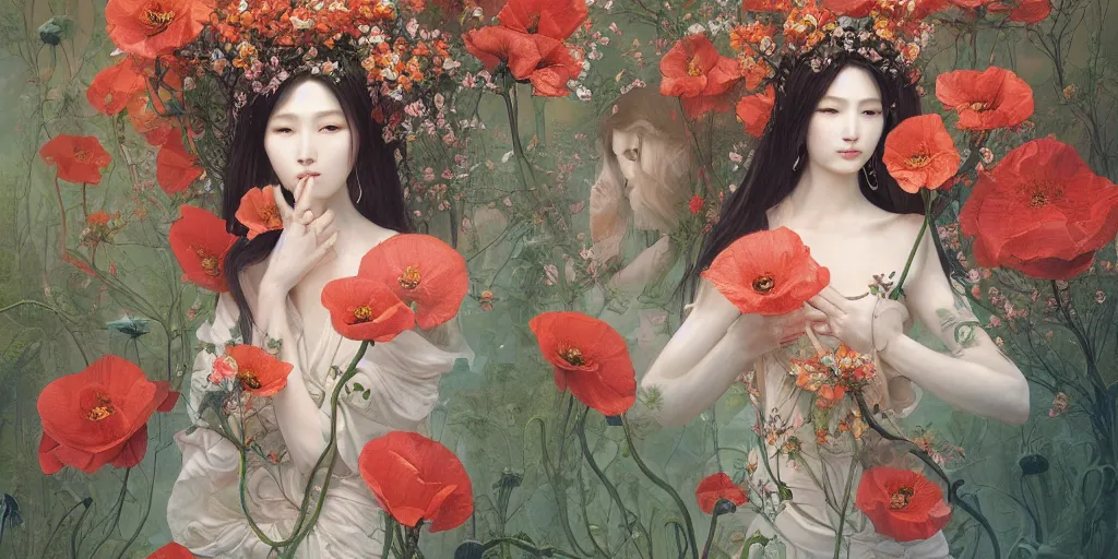 Image similar to breathtaking detailed concept art painting of the goddess of poppy flowers, orthodox saint, with anxious, piercing eyes, ornate background, amalgamation of leaves and flowers, by hsiao - ron cheng and john james audubon and miho hirano, extremely moody lighting, 8 k