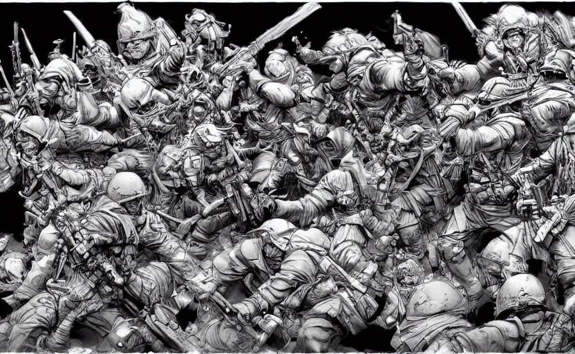 Prompt: war, by kim jung gi, highly detailed, excellent composition, how to draw, sketching, trending on artstation