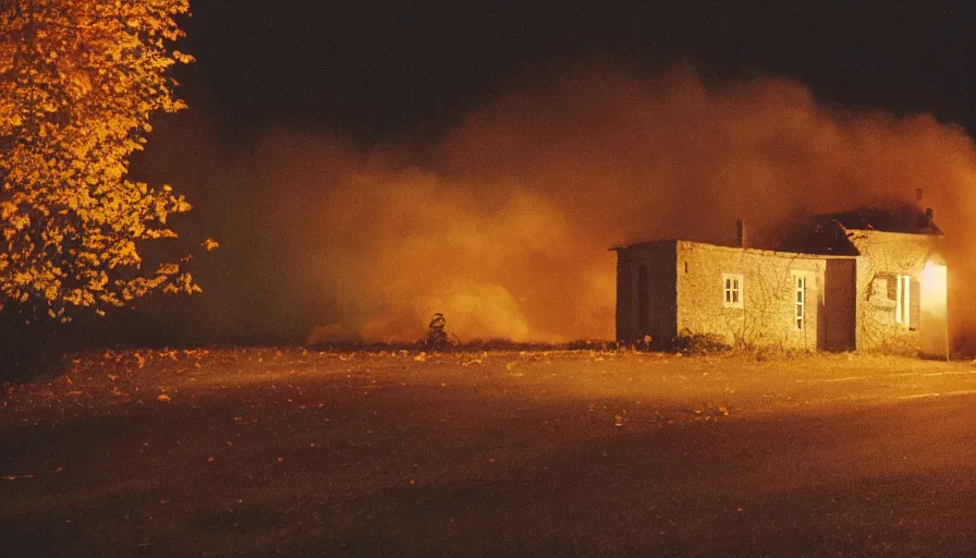 Prompt: 1 9 7 0 s movie still of a heavy burning french style little house by night in autumn, in a small northern french village, by sony mini dv camera, heavy grain, high quality, high detail, dramatic light, anamorphic, flares