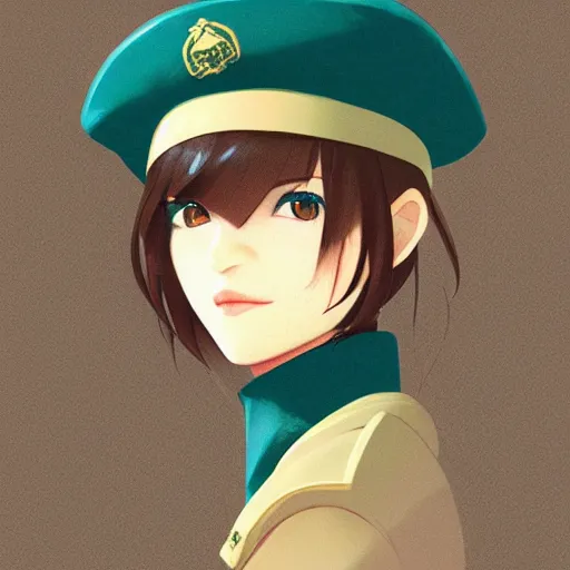Image similar to portrait bust of young woman with shoulder - length light brown hair and hazel eyes dressed in a sharp dark teal military uniform with beret, smiling, ilya kuvshinov, anime, loish, ross tran