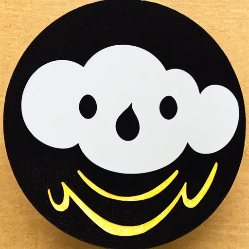 Image similar to a sticker of a crying rain cloud, black background.