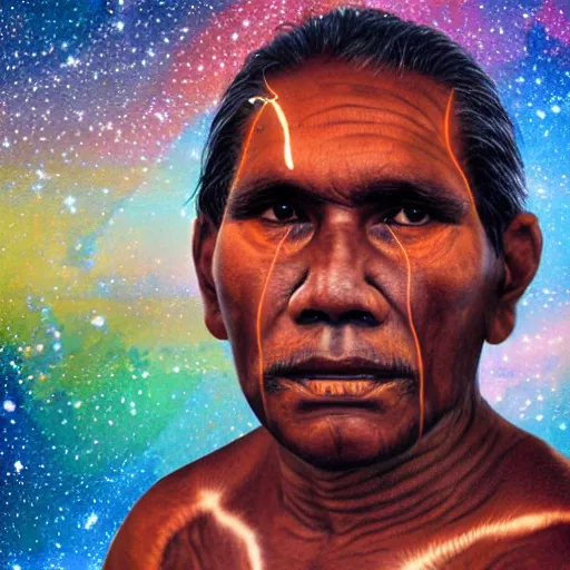 Prompt: aboriginal man at night, portrait, photorealistic, 8k, galaxies in the sky