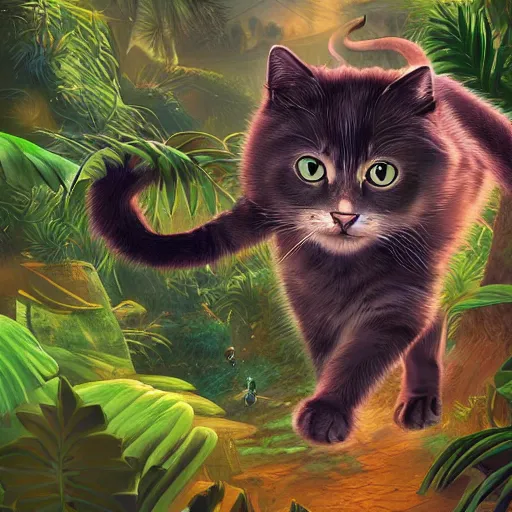 Prompt: fantasy book cover artwork of a cat running through the jungle, ultradetailed, wallpaper, 4k, prismatic