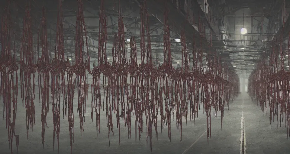 Image similar to illustration of rows of limp bodies hanging on display in a cold warehouse, refrigerated storage facility, rolling fog, cyberpunk, dystopian, dramatic lighting, unreal engine 5, colorful