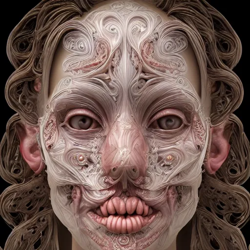Image similar to beatifull frontal face portrait of a woman, 150mm, anatomical, flesh, flowers, mandelbrot fractal, facial muscles, veins, arteries, symmetric, intricate, elegant, highly detailed, ornate, ornament, sculpture, elegant , luxury, beautifully lit, ray trace, octane render in the style of peter Gric and alex grey