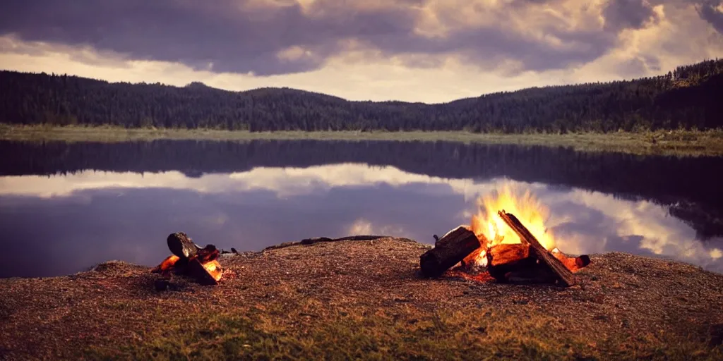 Prompt: a beautiful!!!!!!!! solitary campfire with a beautiful!!! lake in the background, no people, lonely landscape, trending on artstation, extremely high detail!!, highly detailed!!