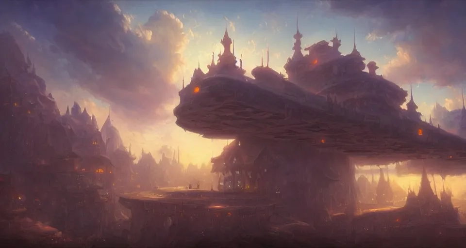 Prompt: landscape an fantasy town in the sky and an sky - ship flying towards it, andreas rocha