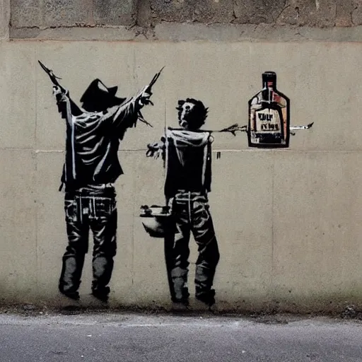 Prompt: outlaws and outsiders turn their back to the current society and create a new world in the style of banksy