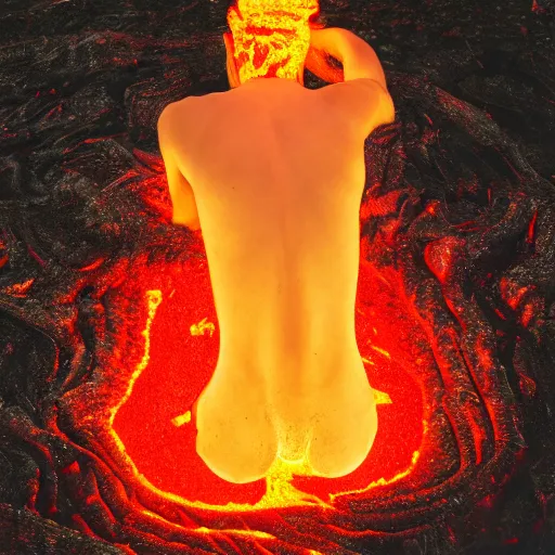 Prompt: a person bathing in lava, portrait photograph