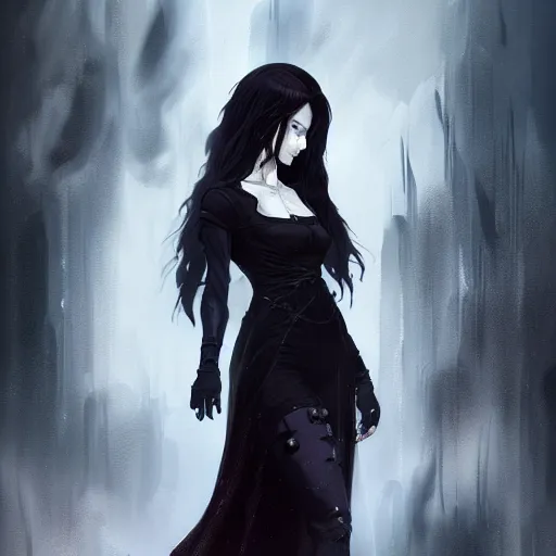 Image similar to female human vampire witch in the style of greg rutkowski, makoto shinkai, trending on artstation, character design, concept art, pretty face, highly detailed, long black hair, portrait, digital art