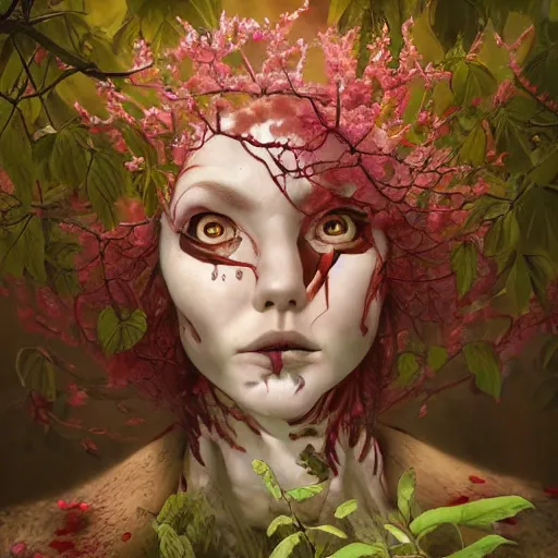 Image similar to a nature portrait of a p - zombie!!! lots of leaves and roots and cherry blossoms. natural lighting art dawn. highly detailed. colourful. moody. artstation, 4 k, horror, by gerald brom and ansel adams and studio ghibli, horror!!!, sakura flowers, lovely