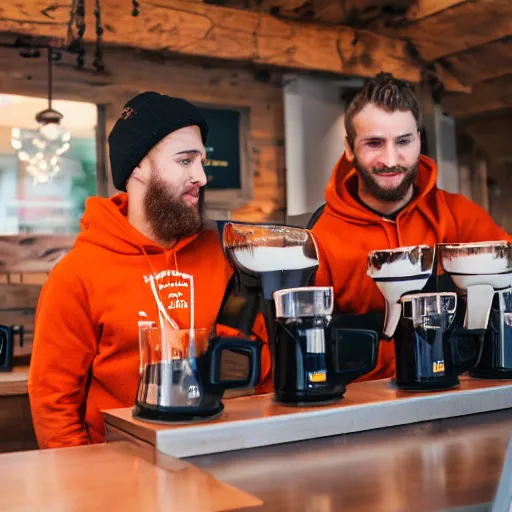 Prompt: two moose wearing orange hoodies making coffee in a coffee shop in new hampshire, realistic, 8 k