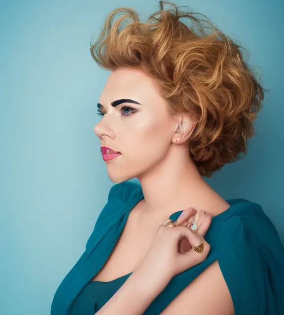 Image similar to beautiful portrait photo of Scarlett Johansson, slight smile, 85mm, teal studio backdrop