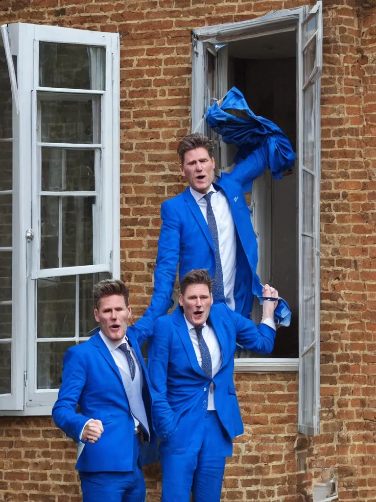 Prompt: Sir Kier Starmer wearing a blue suit angry as he throws a bin through a window