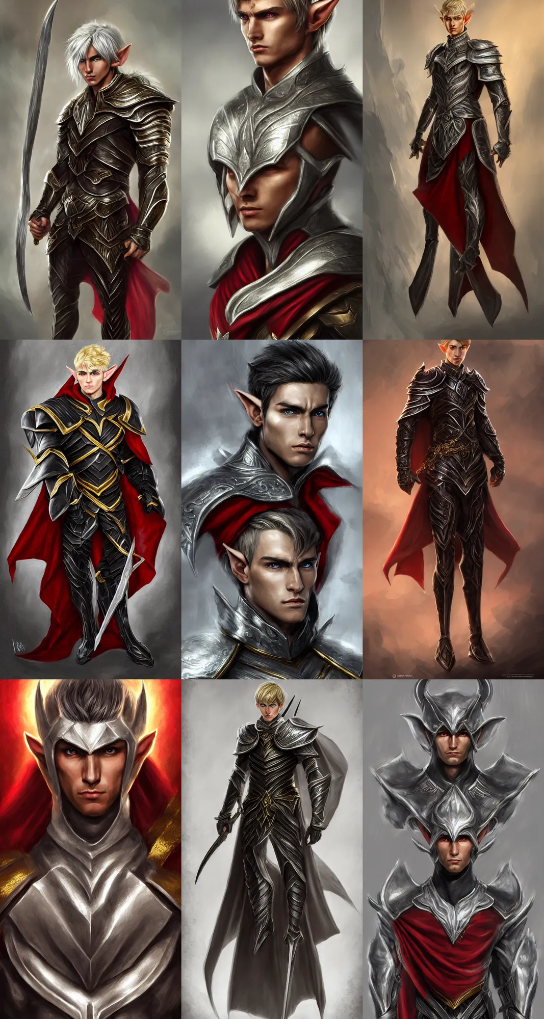 Image similar to A medium shot portrait of a male elf, he is about 20 years old, attractive, lean but muscular, serious composure, short silver hair, prideful look, he is wearing black heavy armor with gold plating and a red cape, highly detailed portrait, digital painting, ArtStation, concept art, smooth, sharp focus illustration, ArtStation HQ