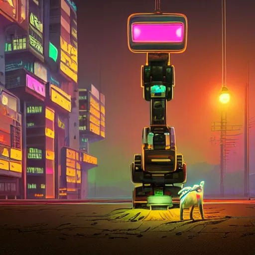 Image similar to a broad-shouldered, heavy construction robot reaching down to pet a kitten, in a neon-lit cyberpunk city, by Simon Stålenhag and James Gurney