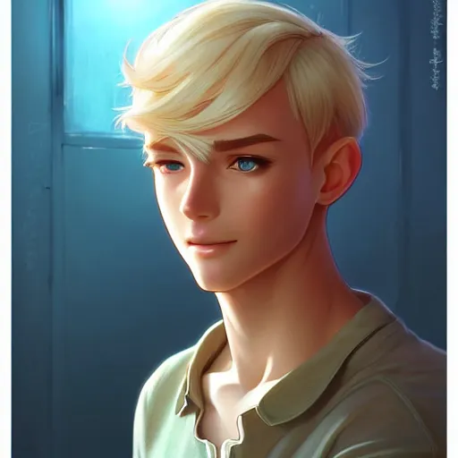 Image similar to young man with short, ash blond hair, path traced, highly detailed, high quality, digital painting, by don bluth and ross tran and studio ghibli and alphonse mucha, artgerm, 4 k, fantasy painting, pixar animation style, rossdraws, wlop, sylvain sarrailh