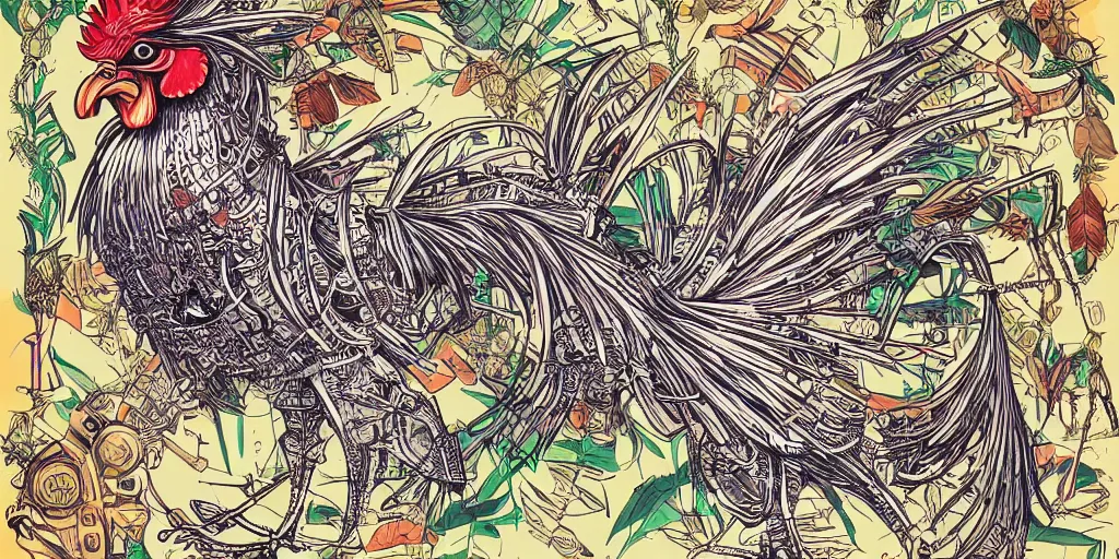 Image similar to beautiful schematic of a fighting rooster made of rocket and car engine parts in a jungle background, schematic, dieselpunk, illustration, intricate, highly detailed, studio ghibli color scheme, colorful