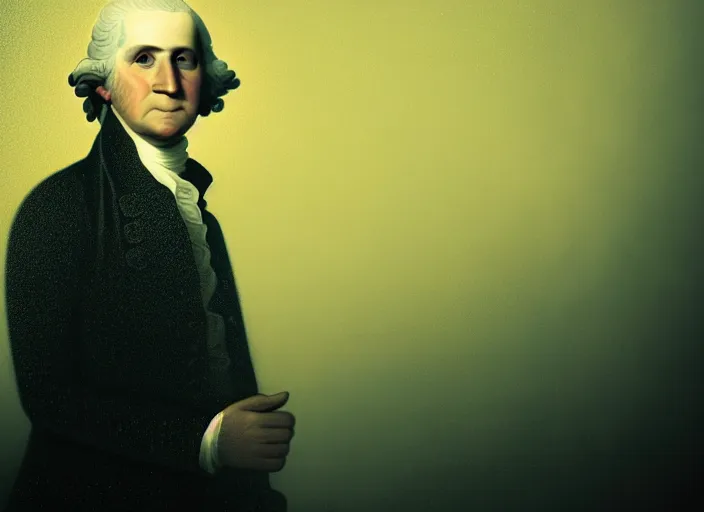 Image similar to portrait of george washington, colorful, mads berg, karolis strautniekas, christopher balaskas, stippled light, low fog, moody, fine texture, editorial illustration, dramatic lighting, dynamic composition, detailed, matte print, muted color, ( ( victo ngai ) ), wide angle ( ( sunbeams ) )