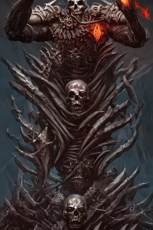 Image similar to death lord stand on skulls, highly detailed, d & d, fantasy, highly detailed, digital painting, trending on artstation, concept art, sharp focus, illustration, global illumination, ray tracing, realistic shaded, art by artgerm and greg rutkowski and fuji choko and viktoria gavrilenko and hoang lap,