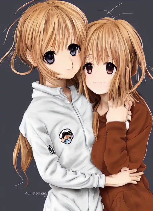 Image similar to highly detailed portrait of one blonde and one brown haired anime girl in onesies hugging each other looking at us, detailed eyes, happy, excited, digital art, cute, anime, detailed faces, well drawn faces, cute faces, hand drawn, 8 k, trending on artstation, official media