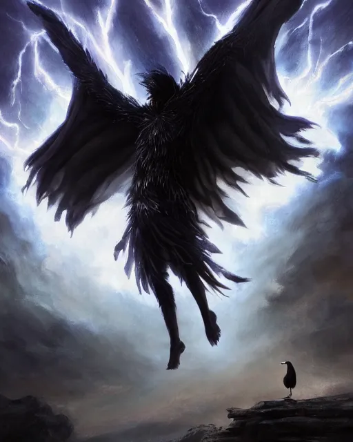 Image similar to oil painting of Anthropomorphized Elemental Raven casting spell, magical runes flying, wearing fur cloak, sharp focus, lightning storm background, magical aura, heroic pose, fantasy style, octane render, volumetric lighting, 8k high definition, by greg rutkowski, highly detailed, trending on art Station, magic the gathering artwork, Thunderstorm background, centered, dramatic artwork