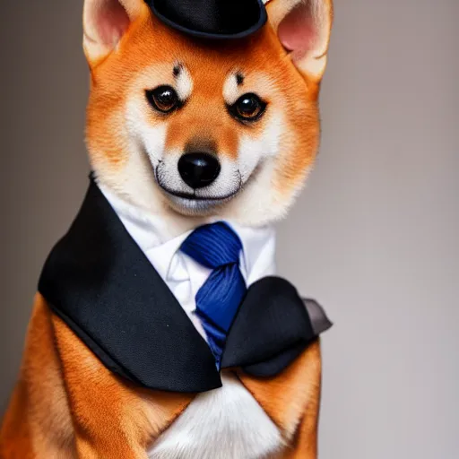 Image similar to A Shiba Inu dog dressed as a business man, realistic, 4k