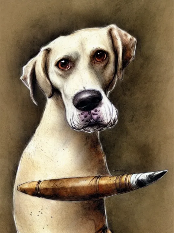 Image similar to a dog with a huge bone, muted colors, by jean - baptiste monge