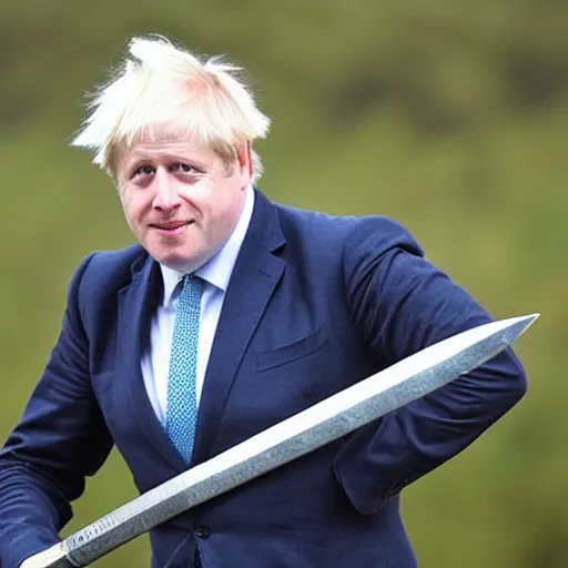 Image similar to Boris Johnson holding a sword standing on top of a mountain