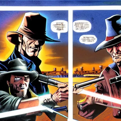 Image similar to duel between cad bane and clint eastwood on the vallecas bridge