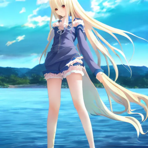 Image similar to a very beautiful anime cute girl, extremely long blond hair reaching the ground, full body, long wavy blond hair, sky blue eyes, full round face, short smile, fancy top, miniskirt, front view, summer lake setting, cinematic lightning, medium shot, mid-shot, highly detailed, trending on Artstation, Unreal Engine 4k, cinematic wallpaper by Stanley Artgerm Lau, WLOP, Rossdraws, James Jean, Andrei Riabovitchev, Marc Simonetti, and Sakimichan