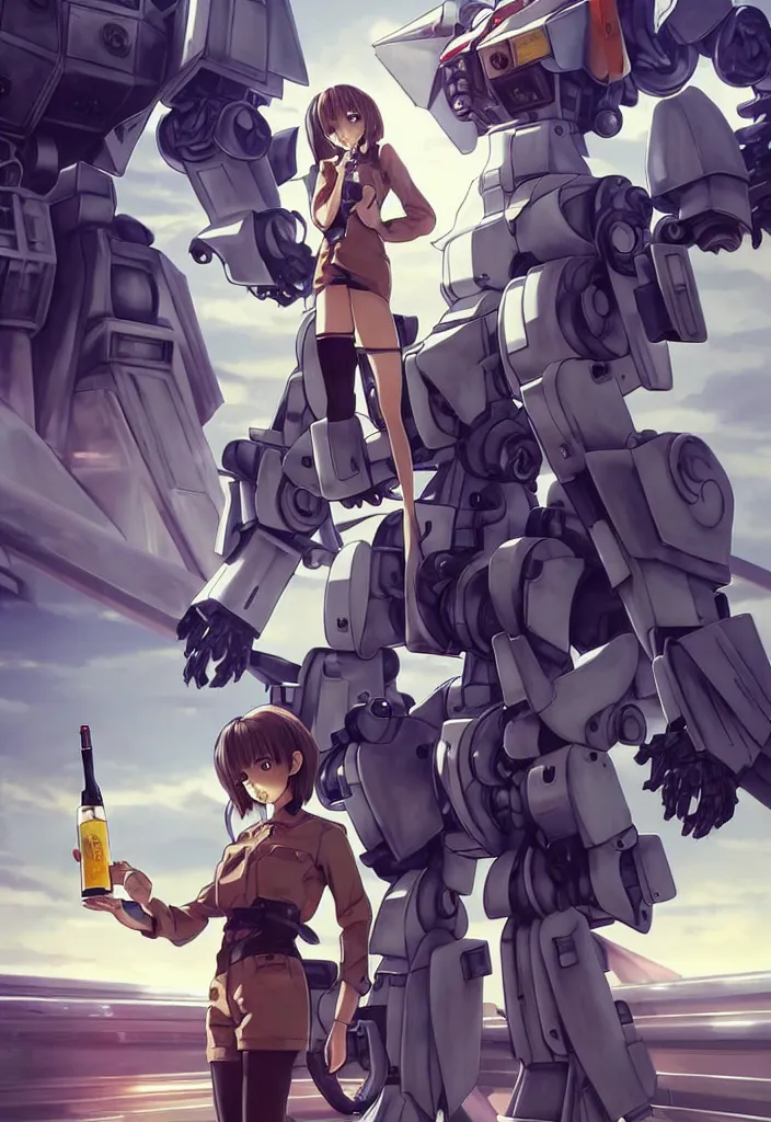 Prompt: beautiful full body portrait of one anime female with short hair, wearing mechanic clothing, in a mech repair facility standing in front of a gigantic gundam style mech, drinking soda, D&D, fantasy, intricate, elegant, highly detailed, digital painting, artstation, concept art, smooth, sharp focus, illustration, art by artgerm and KyuYong Eom and WLOP and Krenz Cushart and greg rutkowski and alphonse mucha