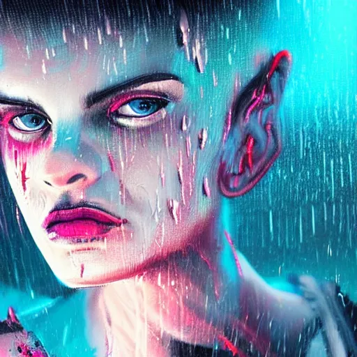 Image similar to splashes of neon clouds, mowhawk, punk women portrait made out of paint with rain in the background, trending on artstation, epic composition, emotional, beautiful, rendered in octane, highly detailed, realistic, tim burton comic book art, sharp focus, matte painting, unreal engine