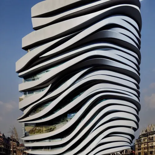 Prompt: architecture in the style of zaha hadid made by beavers