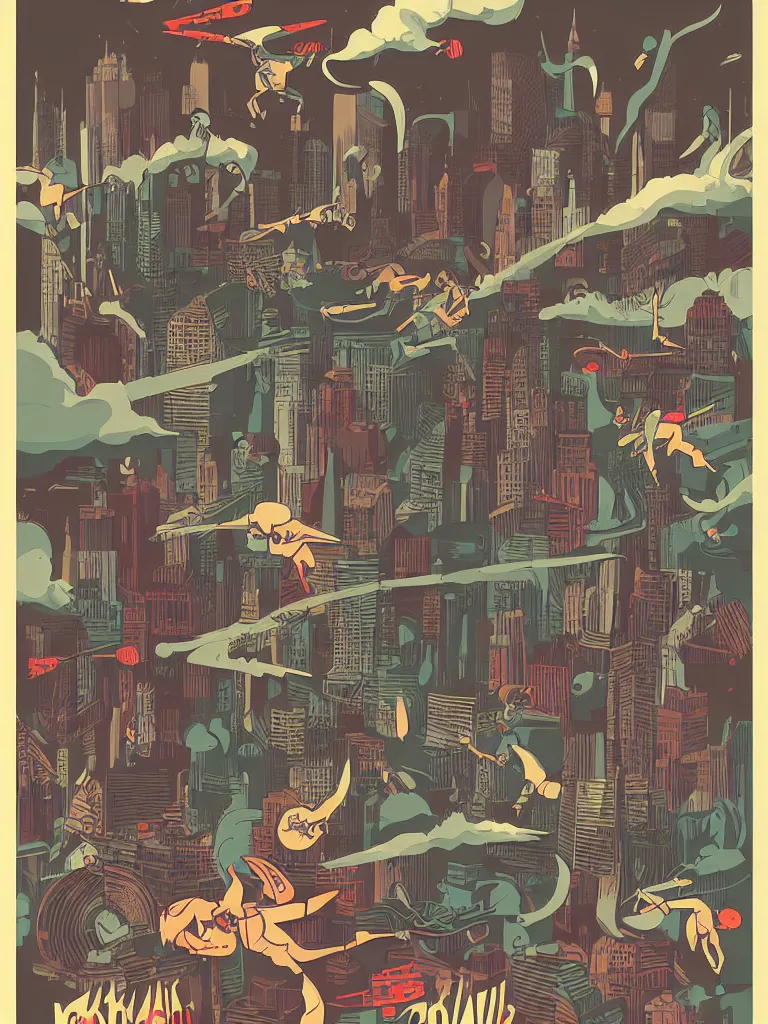 Prompt: tom haugomat style poster illustration of a large retro monster battle above the city, vintage muted colors, some grungy markings