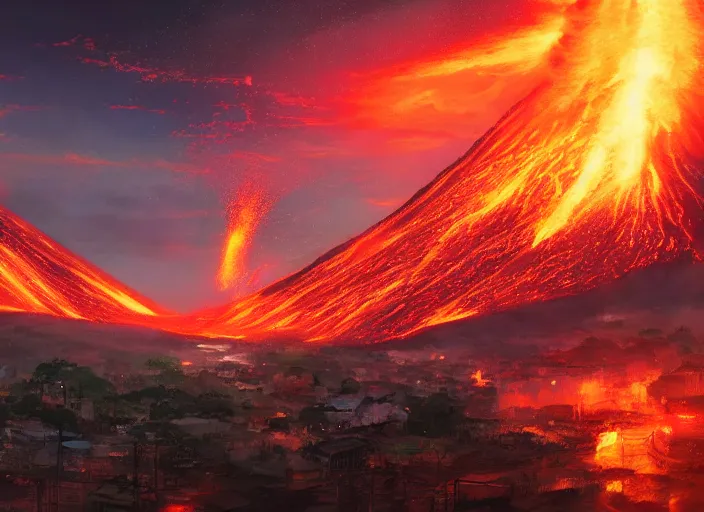 Image similar to volcano erupting in the distance, with lava flowing through the city, at night, by wlop, anime key visual, cozy, death by fire, warm colors, key visual, high detail