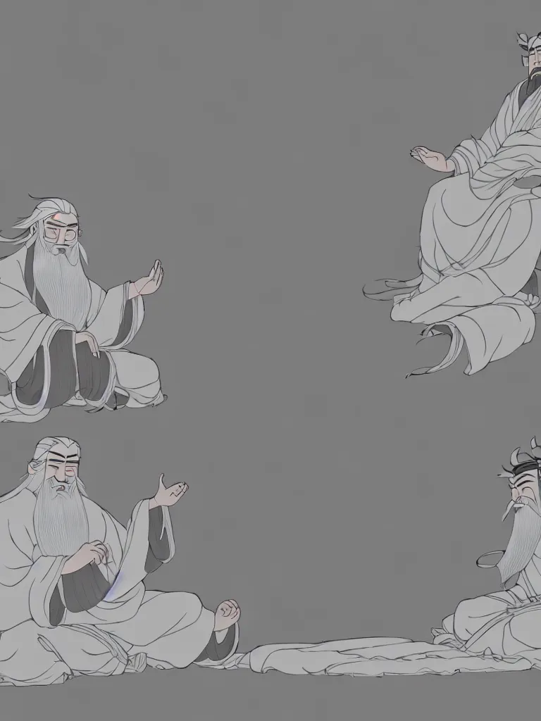 Image similar to the whole body of fuxi in chinese mythology, long white hair, long white beard, wu geng period animation style from china, wearing a grey robe, in style of makoto shinkai, raphael lacoste, akihito tsukushi, kind and solemn, sit on the ground, 3 d render, hyper detailed, 4 k hd