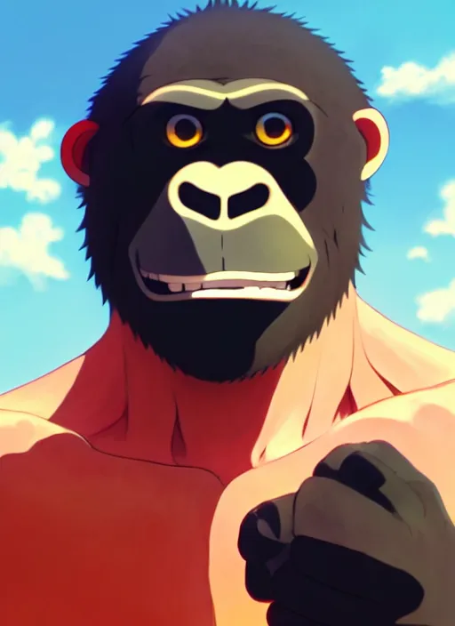 Image similar to anime gorilla holding a very small red mushroom, big smile on face, sunny sky background, lush landscape, illustration concept art anime key visual trending pixiv fanbox by wlop and greg rutkowski and makoto shinkai and studio ghibli and kyoto animation, symmetrical facial features, black shirt,