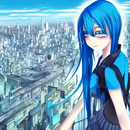 Prompt: Blue-haired anime girl standing on rooftop overlooking futuristic city, trending on Pixiv, hyper-detailed, HD anime, anime wallpaper